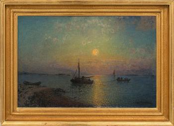 Alfred Wahlberg, The sun setting over fishing boats.