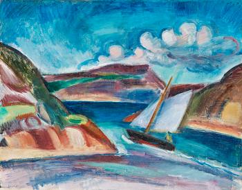 37. Gösta Sandels, "Landskap med segelbåd, Bohuslän" (Landscape with sailing boat).