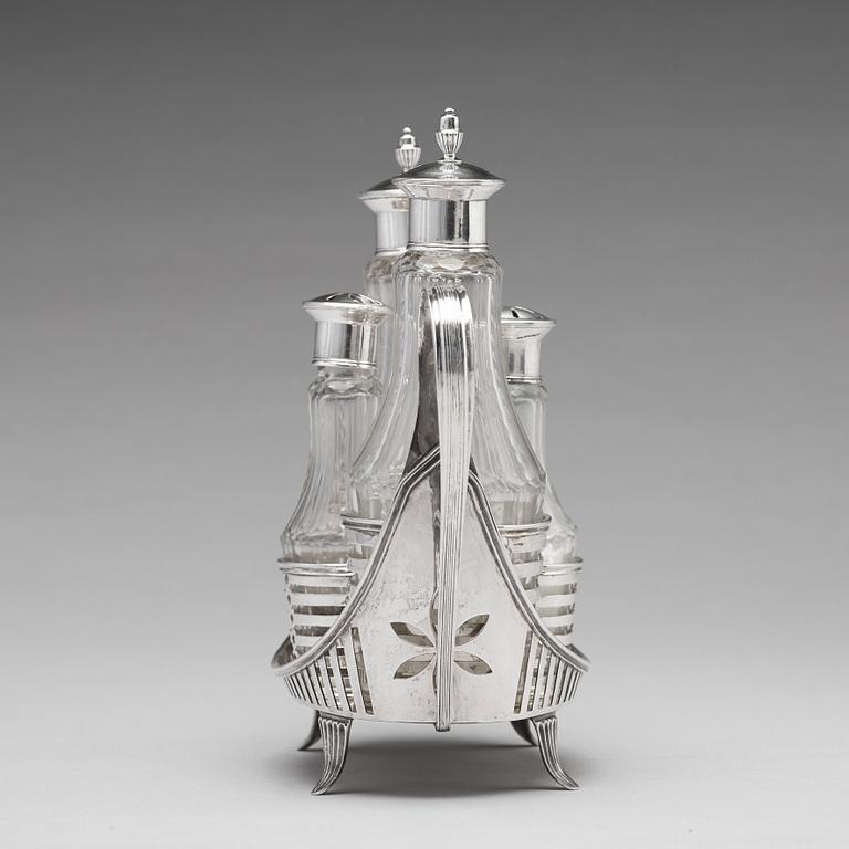 A Swedish 18th century silver and glass, cruet-set, mark of Stepan Westerståhle, Stockholm 1798.