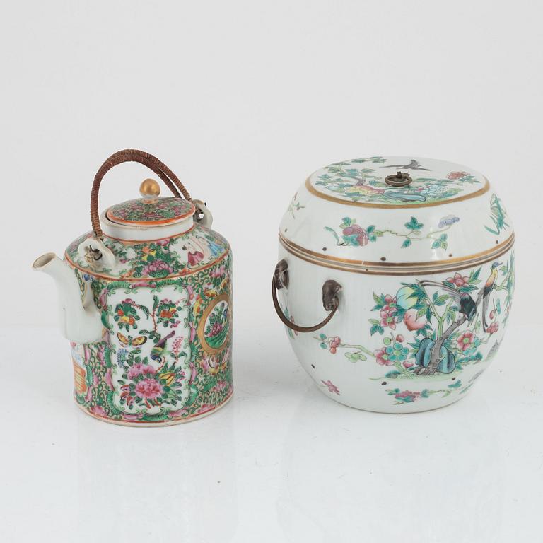 Tekanna, porslin, Kanton, och skål med lock, porslin, Kina, Qingdynastin, 1800-tal.