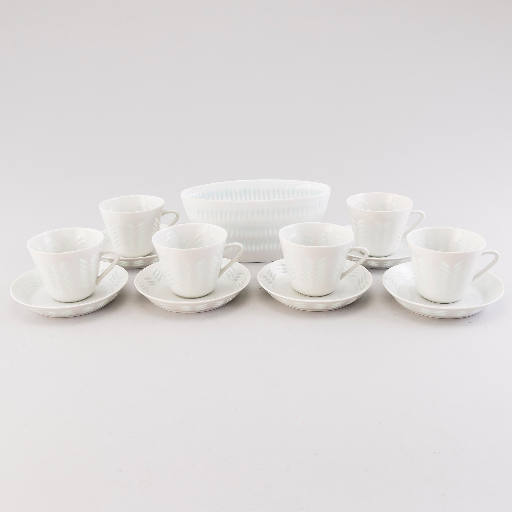 FRIEDL HOLZER-KJELLBERG, A porcelain bowl and set of six coffee cups with saucers, signed  Arabia F.H.Kj. Finland.