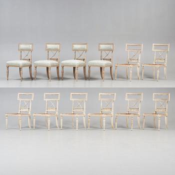 Twelve (8+4) late Gustavian early 19th century chairs. Eight chairs missing upholstery.