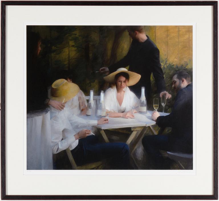 NICK ALM, färglitografi, "Champagne breakfast". Signerad och numrerad 16/90.