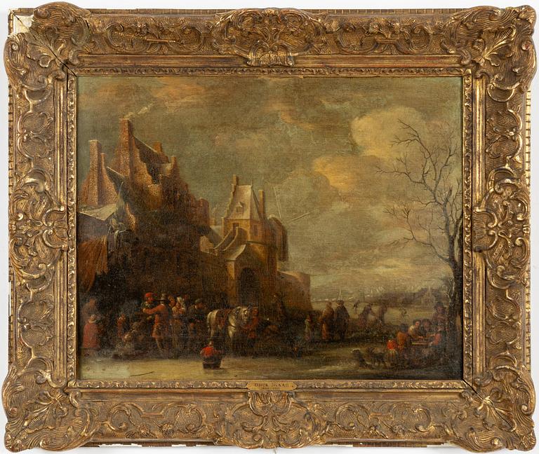 Dirck Maas, hans krets, Vinterbild med människor utanför staden.