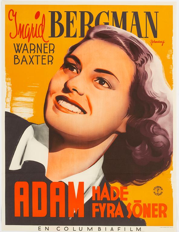 ERIC ROHMAN, a vintage movie poster, 'Adam hade fyra söner', Ingrid Bergman, J. Olséns Litografiska Anstalt, 1941.