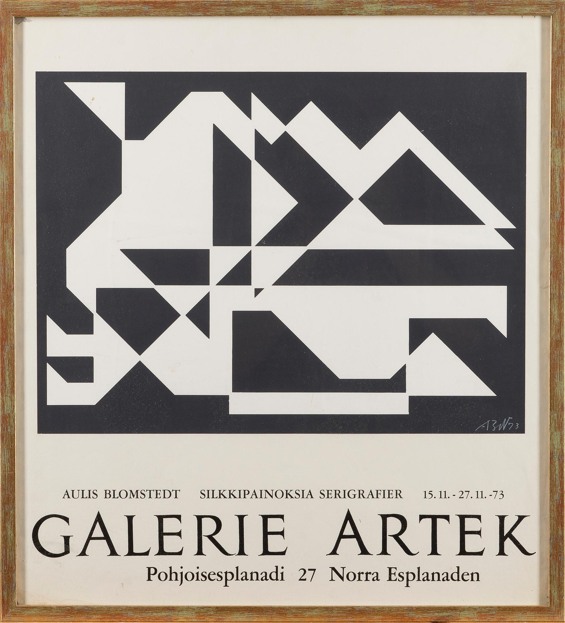 EXHIBITION POSTER, Aulis Blomstedt, Galerie Artek, 15.11.73. Sign. -73.