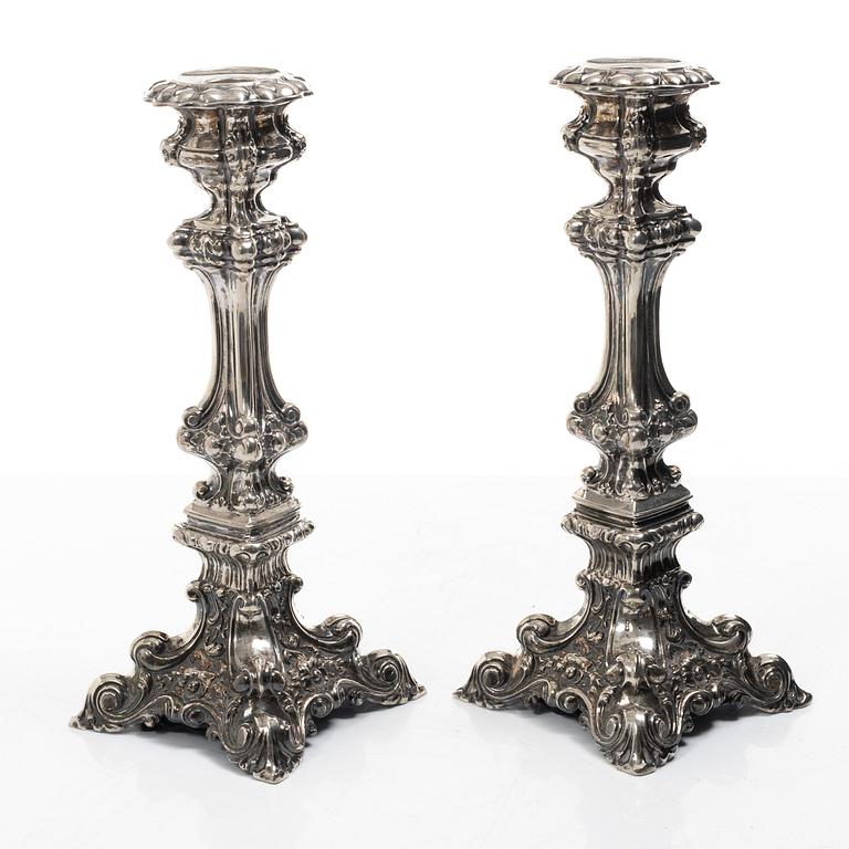 Gustaf Theodor Folcker, a pair of baroque style silver candle sticks, Stockholm, Sweden, 1846.