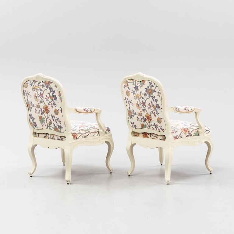 A pair of Swedish Rococo style armchairs, 19th century.
