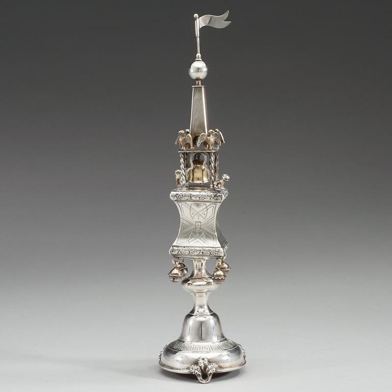 A Russian 19th century silver besamin-tower, makers mark of Swinarski, (St. Petersburg) 1876.