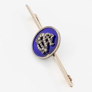 Brooch, gold/silver with blue enamel and monogram set with rose-cut diamonds.