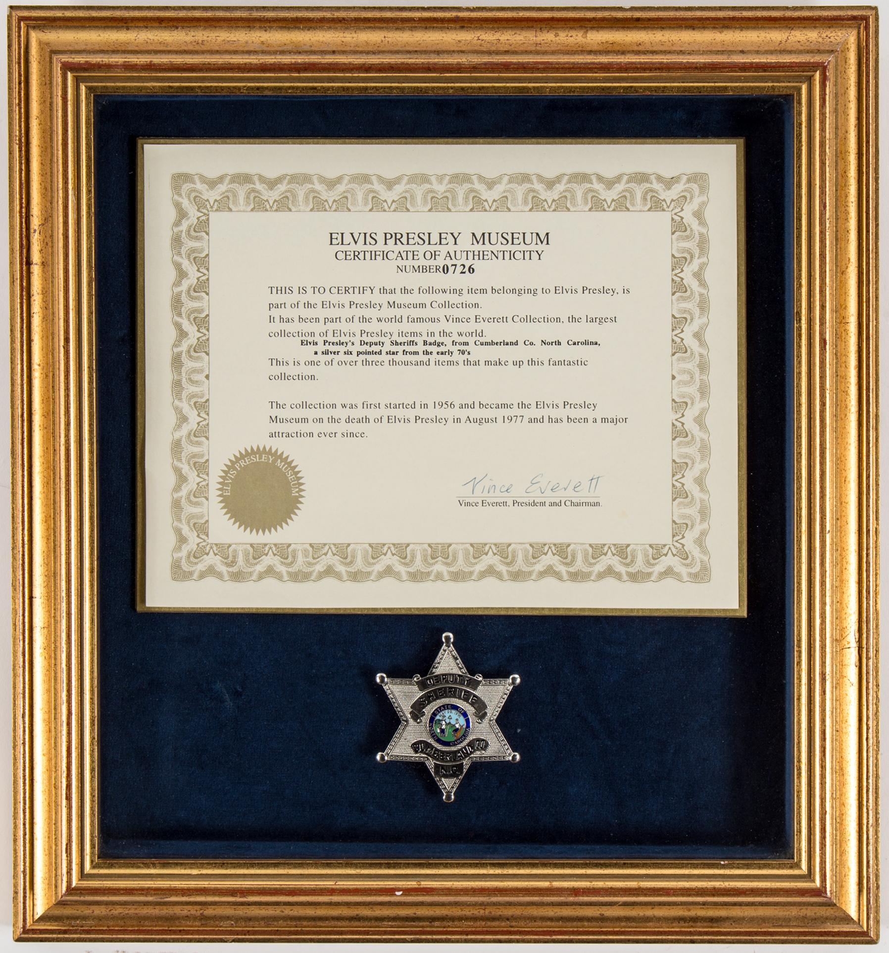 An Elvis Presley owned deputy sheriff badge from Cumberland Co, North Carolina, 1970s.