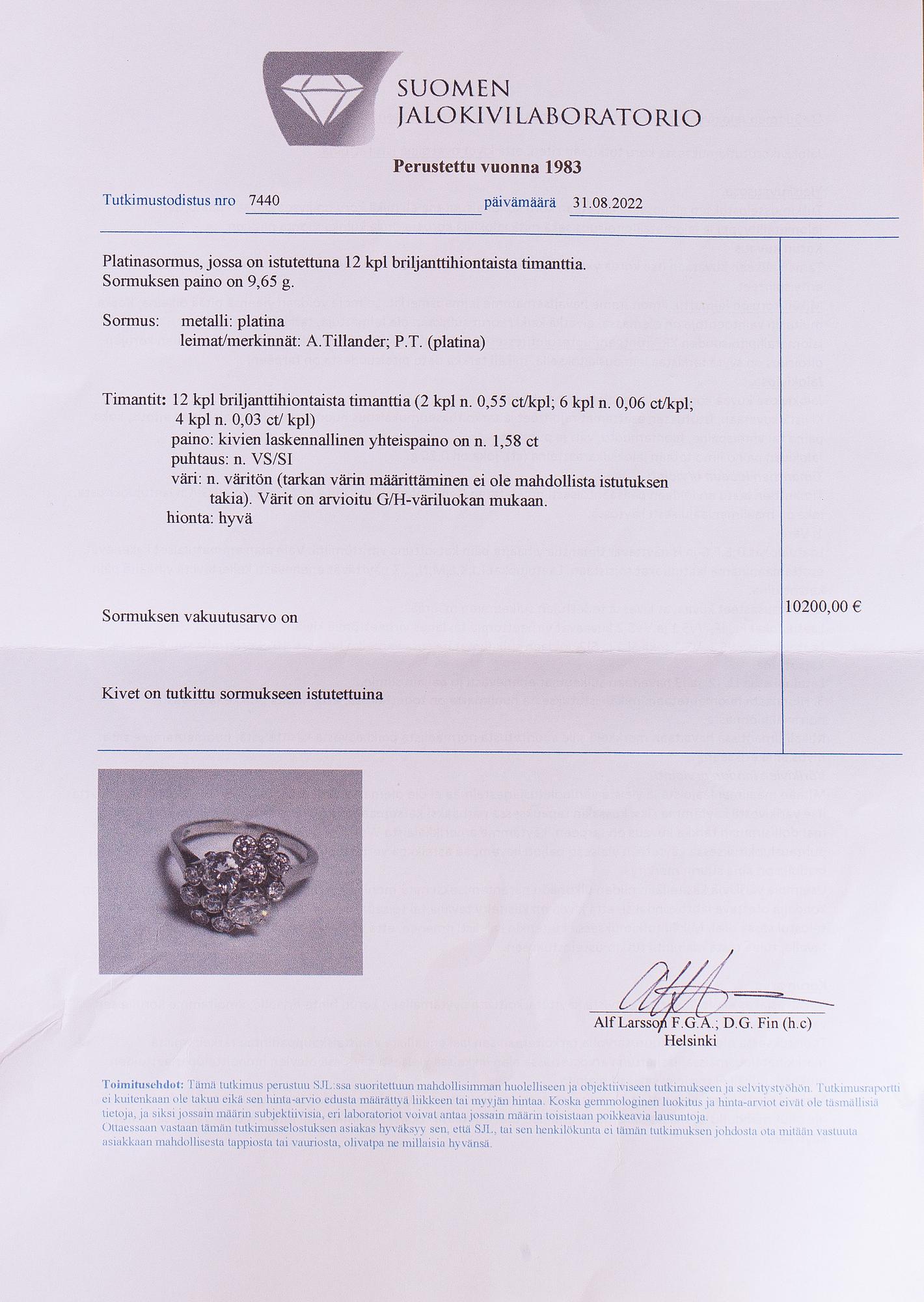 A TIllander, A platinum ring woth diamonds ca. 1.58 ct in total. Helsinki ,id 20th-century.