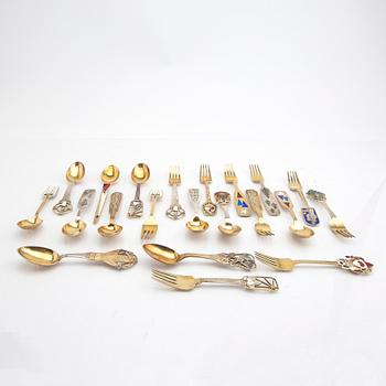 Anton Michelsen, Christmas cutlery, 21 pieces, gilded sterling silver and enamel, Denmark total weight 888 grams.