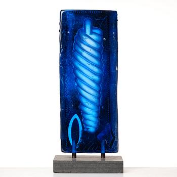 Bertil Vallien, a blue sand cast and polished glass sculpture, Kosta Boda Sweden.