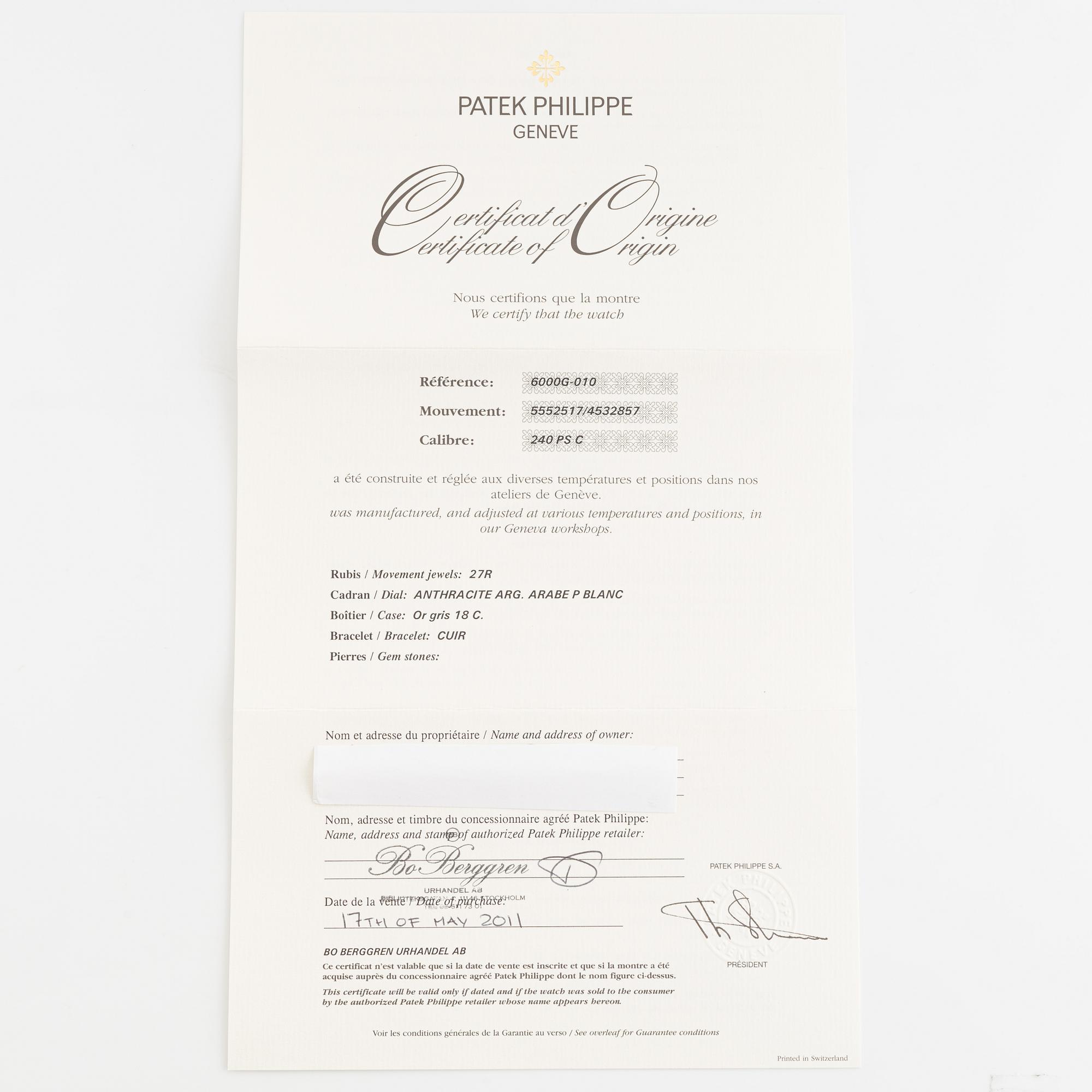 Patek Philippe, Calatrava, ca 2011.
