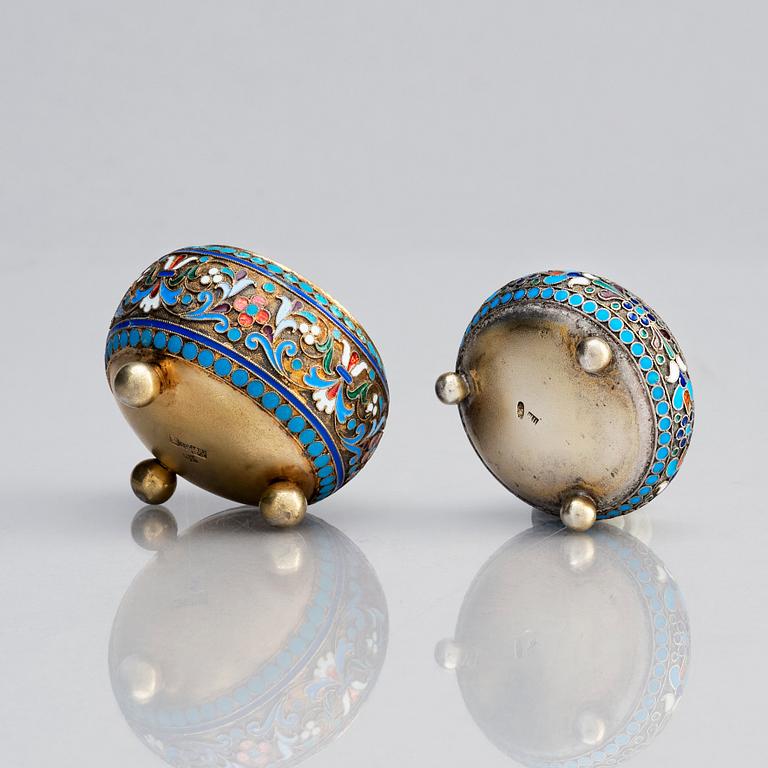 Two Russian spice/salt-cellars, parcel-gilt silver and enamel, mark of Ivan Saltykov and Ivan Sergeyevich Lebedkin.