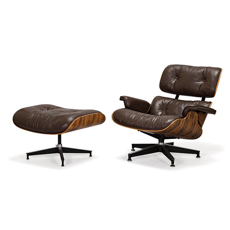 Charles och Ray Eames, fåtölj och fotpall, "Lounge chair" för Herman Miller 1970-tal.