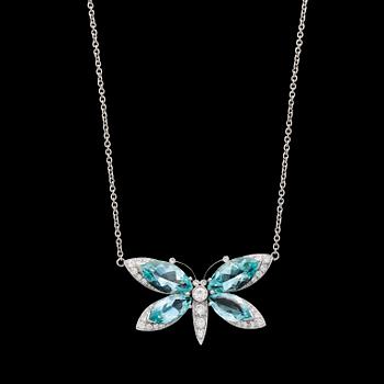 97. PENDANT, butterfly, with aquamarine and brilliant cut diamonds.