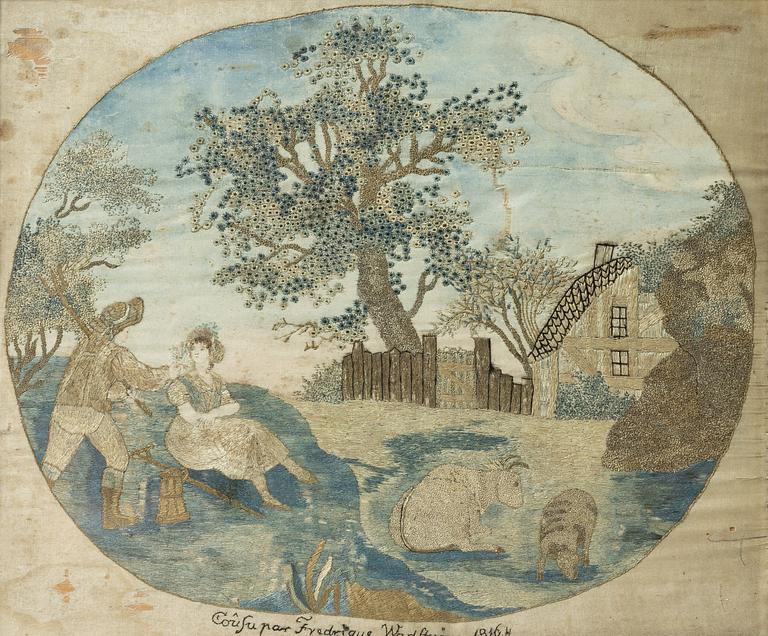 Side embroideries, 2 pcs, of which one is signed, Empire, early 19th century.