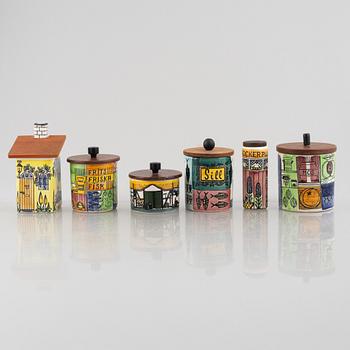 Burkar med lock, 5 st och sockerströare, flintgods, bl.a. Anita Nylund, "Vår lilla stad", Jie, Gantofta.
