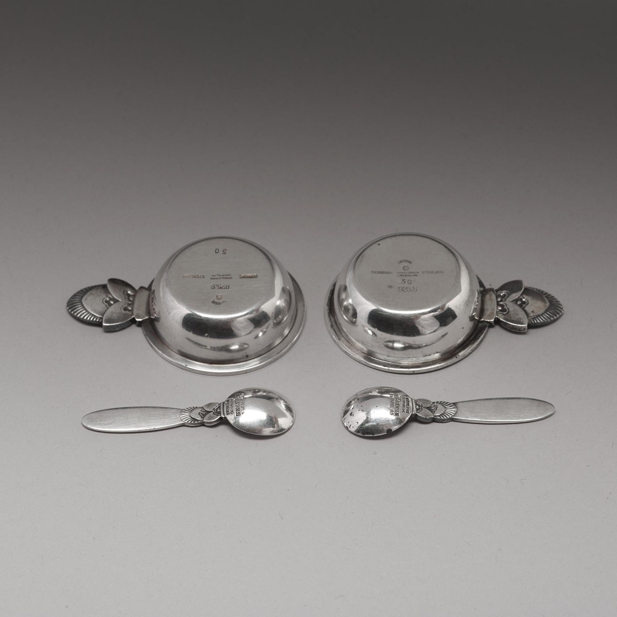 Gundorph Albertus, a pair of "Cactus" sterling silver salt cellars with spoons, Georg Jensen, Jensen & Wendel, Copenhagen 1945-51, model 30.