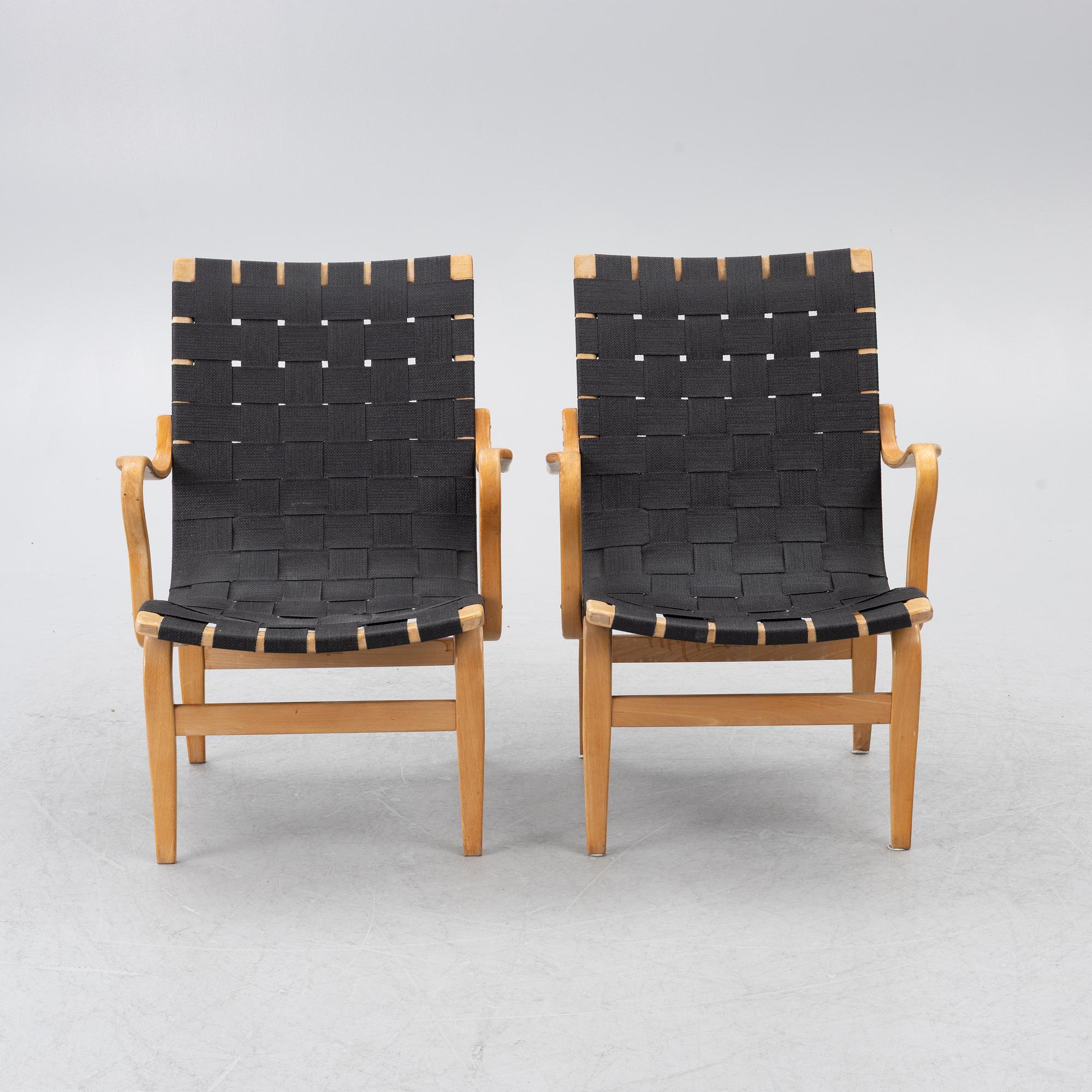 Bruno Mathsson, armchairs, "Eva", a pair, Firma Karl Mathsson, Värnamo, 1973.