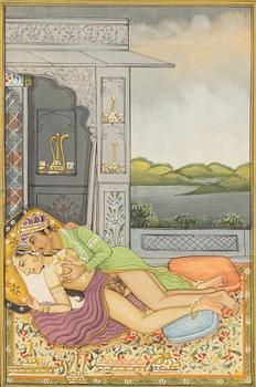 Unidentified artist, Erotic scenes in palace settings, India, 20th century. Four pieces.