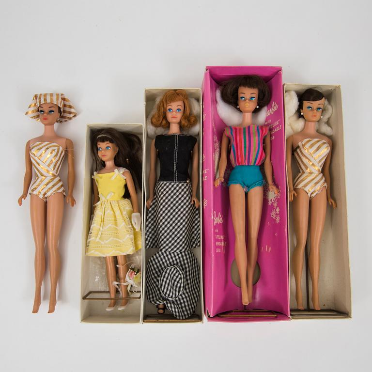 Five Barbie and friends dolls by Mattel 1960s.