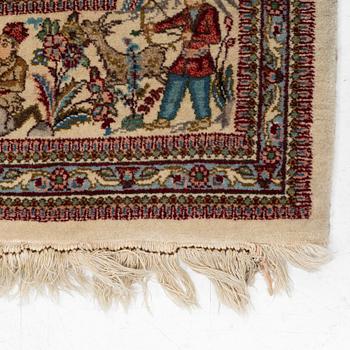 An oriental, figural rug, signed, c. 220 x 145 cm.