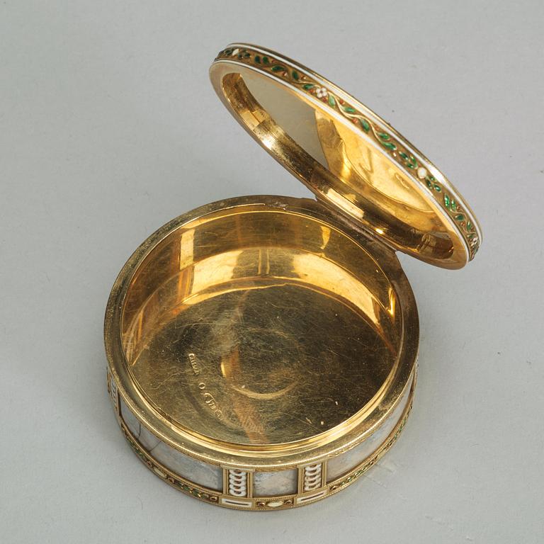 A Fabergé gold, enamel and miniature box, workmaster Henrik Wigstrom, St. Petersburg 1899-1908. Scratched inventory no.