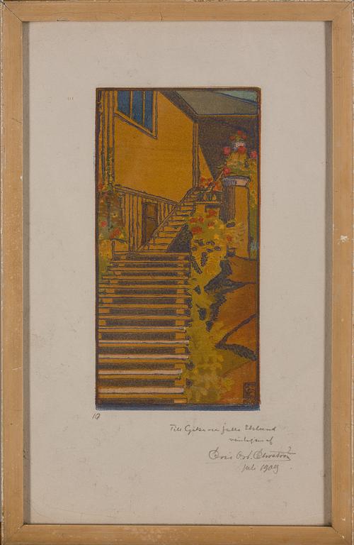 ERIC O. W. EHRSTRÖM, etsaus, signeerattu ja päivätty 1909, omistuskirjoitus.