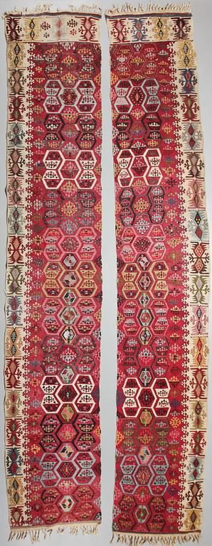 MATTOR, 2 st, Kelim, old, 384x70 resp 390x66.