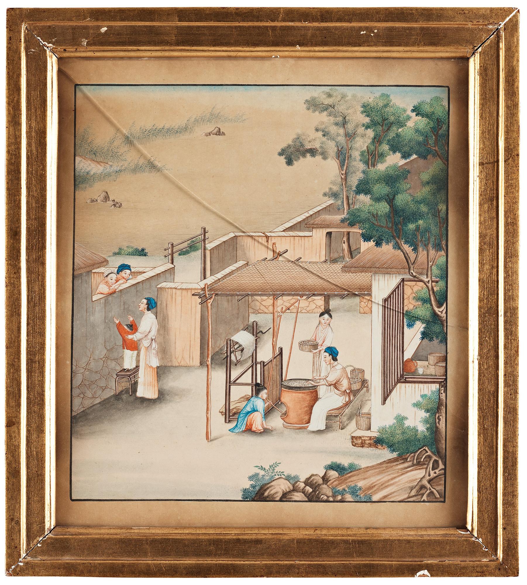 AKVARELLER, nio stycken. Okänd konstnär, Qingdynastin, 1800-tal.