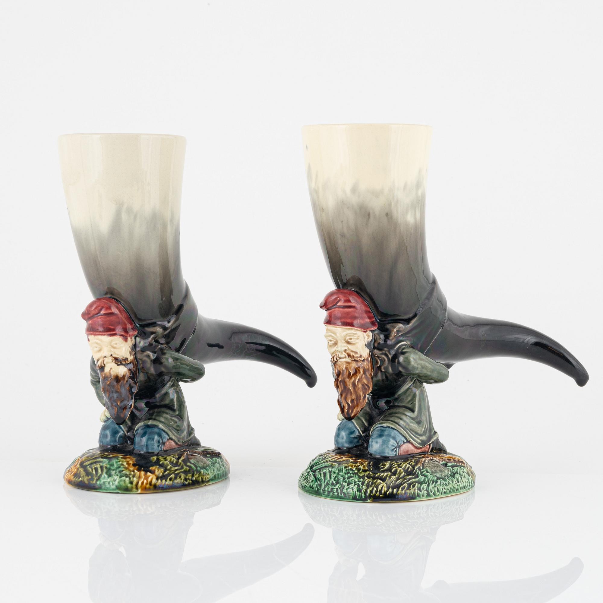 A pair of drinking horns, majolica, Rörstrand, circa 1900.