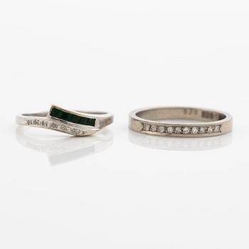 Rings, 2 pieces, 18K white gold with diamonds and emeralds.