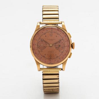 Chronographe Suisse, wristwatch, 37.5 mm, 18K gold, manual, plexiglass.