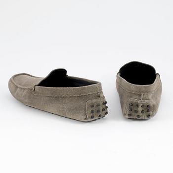 TOD'S, a pair of men's green suede loafers. Size 7 1/2.