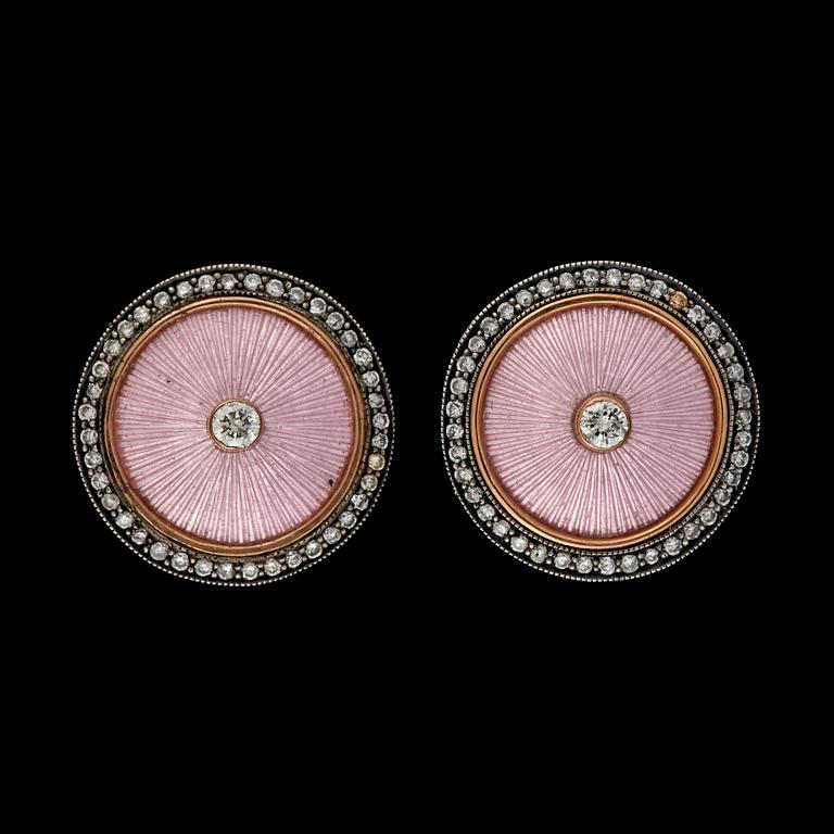 A pair of brilliant cut diamond, tot. app. 0.50 cts, and pink enamel earrings.