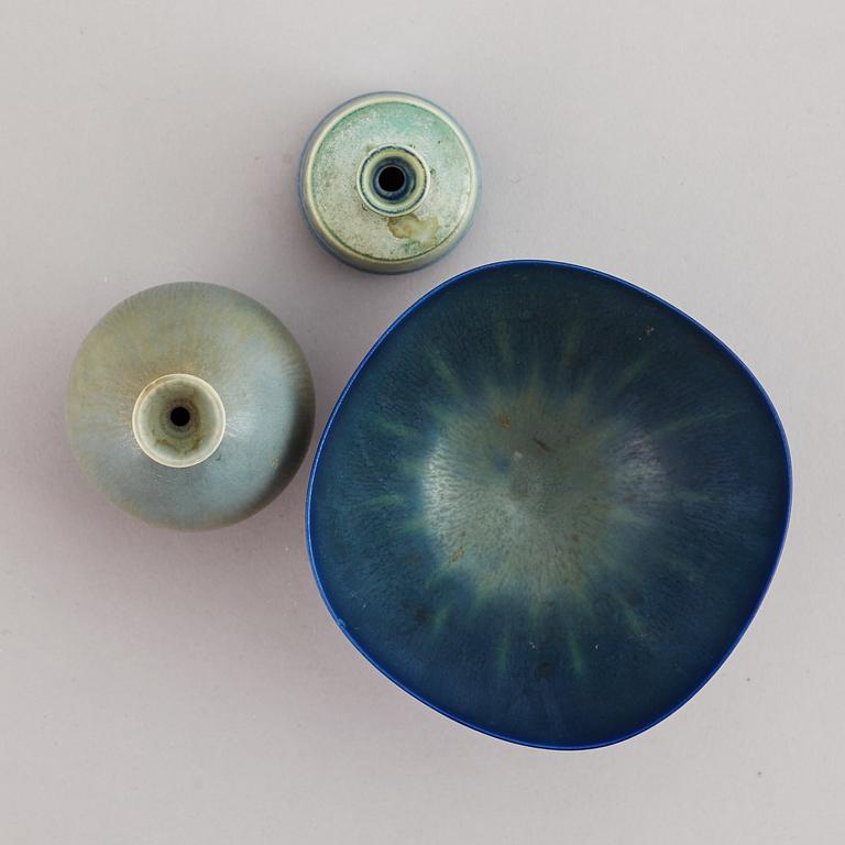 BERNDT FRIBERG, two stoneware miniature vases and a bowl, Gustavsberg studio, Sweden.