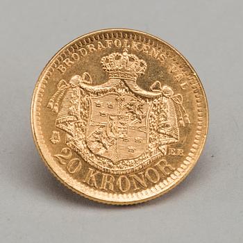 GOLD COIN, 20 kr Sweden, Oscar II 1884. Ca 9 gram.