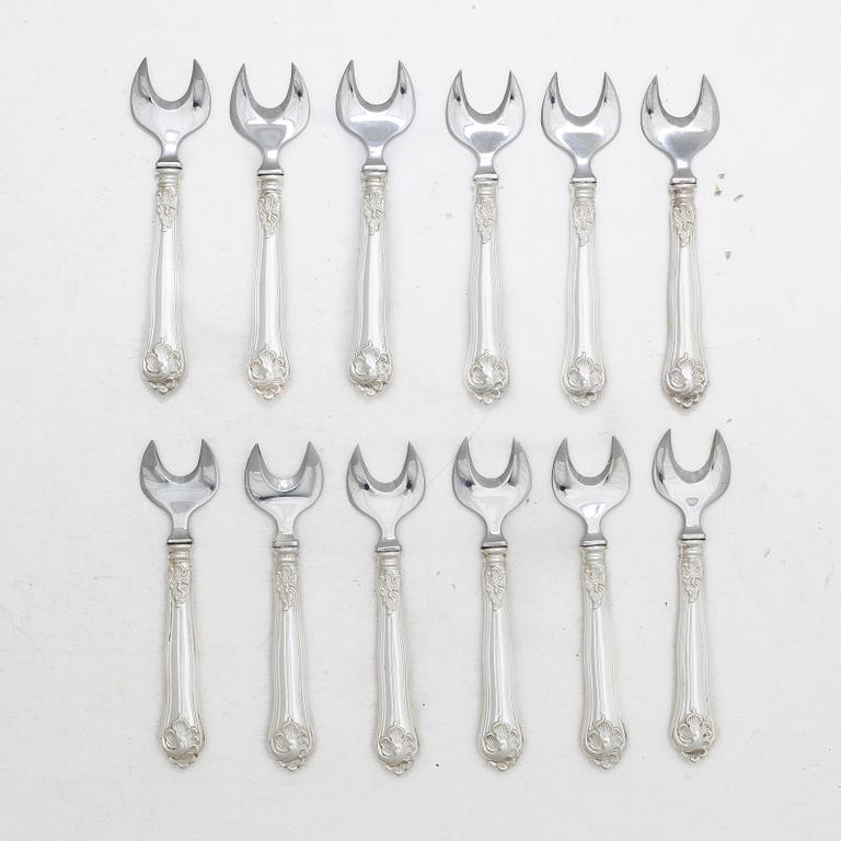Ostrongafflar, 12 st, silver, modell "Sachsisk", svensk importstämpel.