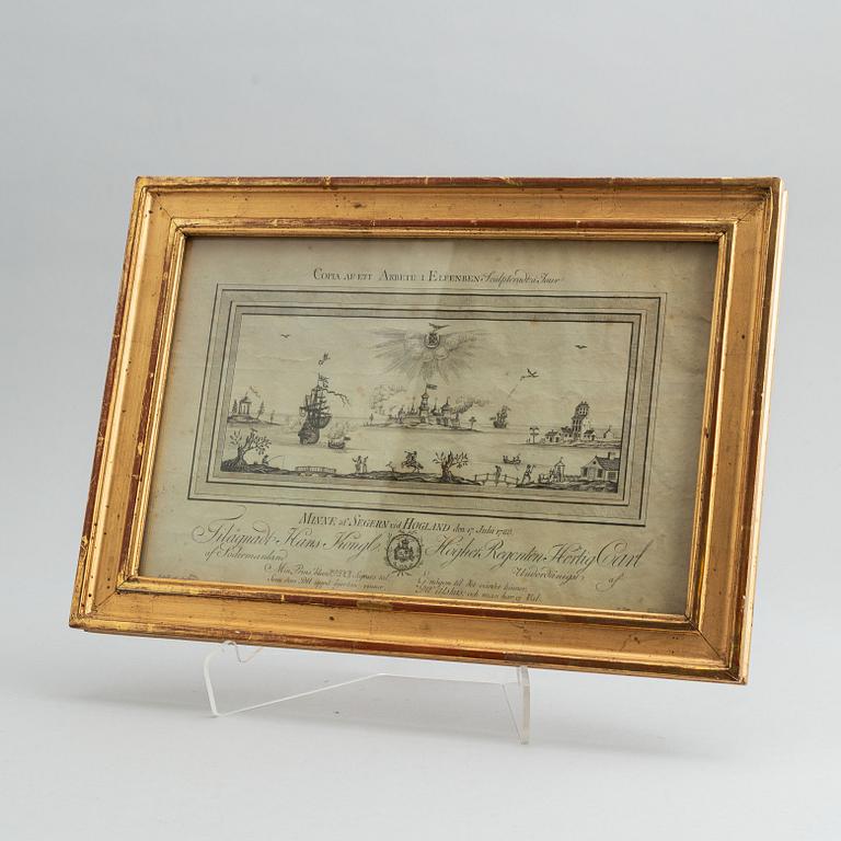 A gustavian frame with enfraving vy Fredrik Akrel after a drawing by Jean Jacques von Biland, 18th Century.