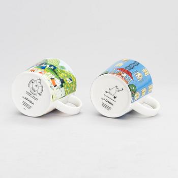 Eight Moomin Characters mugs in vitro porcelain, Arabia, Finland.