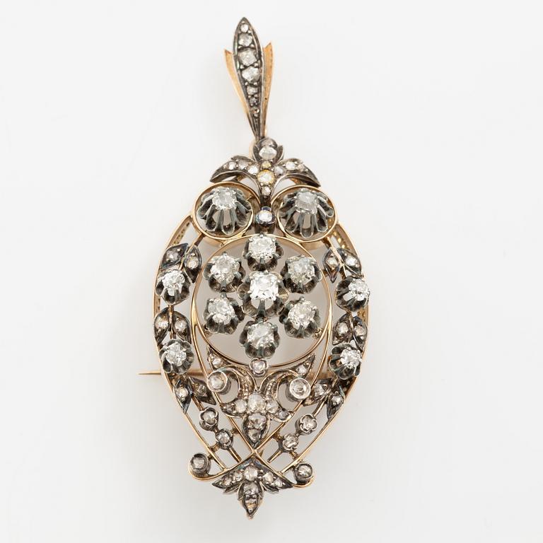 Brooch/pendant in 18K gold and silver set with old-cut and rose-cut diamonds, circa 1900.