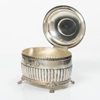 A Swedish silver coffee pot, cream jug and sugar box, Gustavian style, mark of AG Dufva, Stockholm 1911-1912.