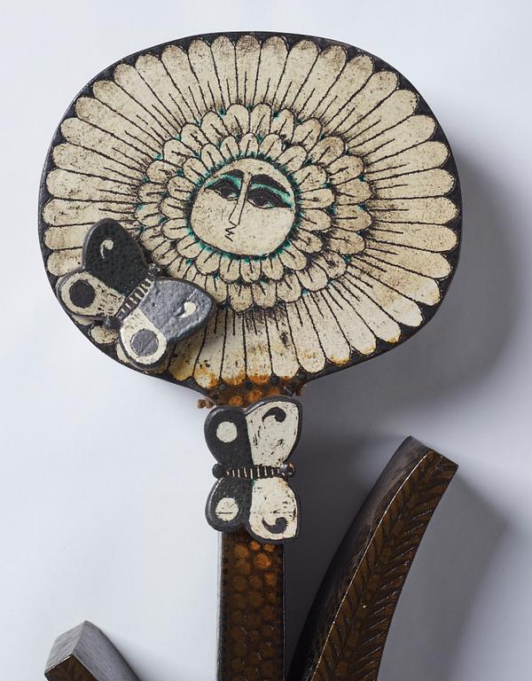 Birger Kaipiainen, a glazed ceramic sculpture of a sunflower with butterflies, Rörstrand, Sweden 1950's.