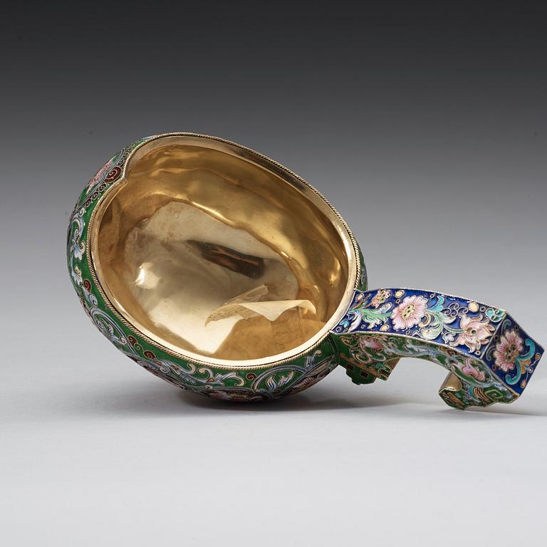 A Russian 19th century silver-gilt and enamle kovsh, marks of Ivan Chlebnikow, Moscow 1880's. Imperrial Warrant.