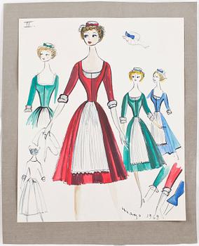 MAX GOLDSTEIN (MAGO), dräktskisser, teckningar, blyertsskisser, ca 50 st, vissa daterade o signerade.