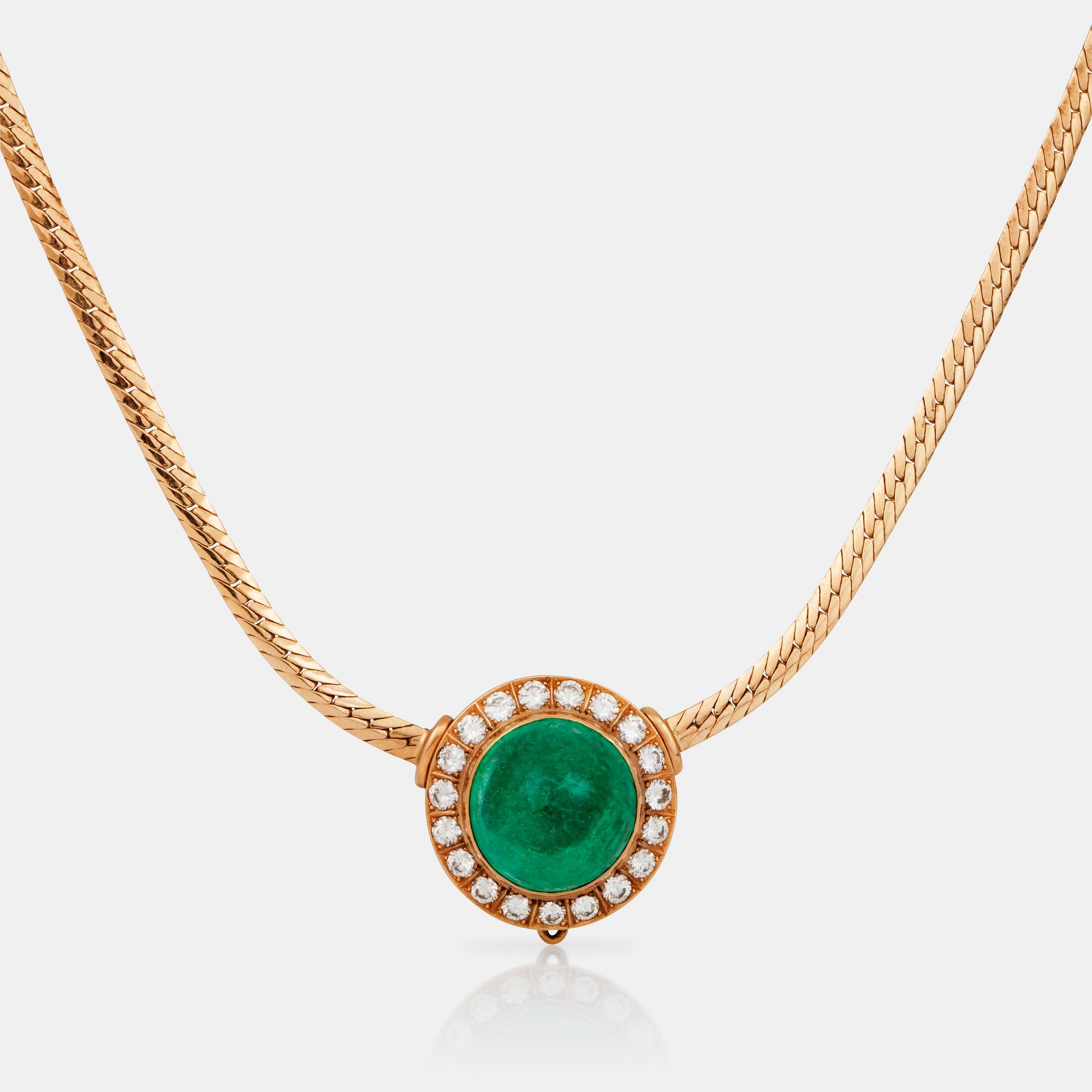 A circa 30.00 ct, probably Colombian, cabochon-cut emerald and circa 3.00 ct brilliant-cut diamond necklace.