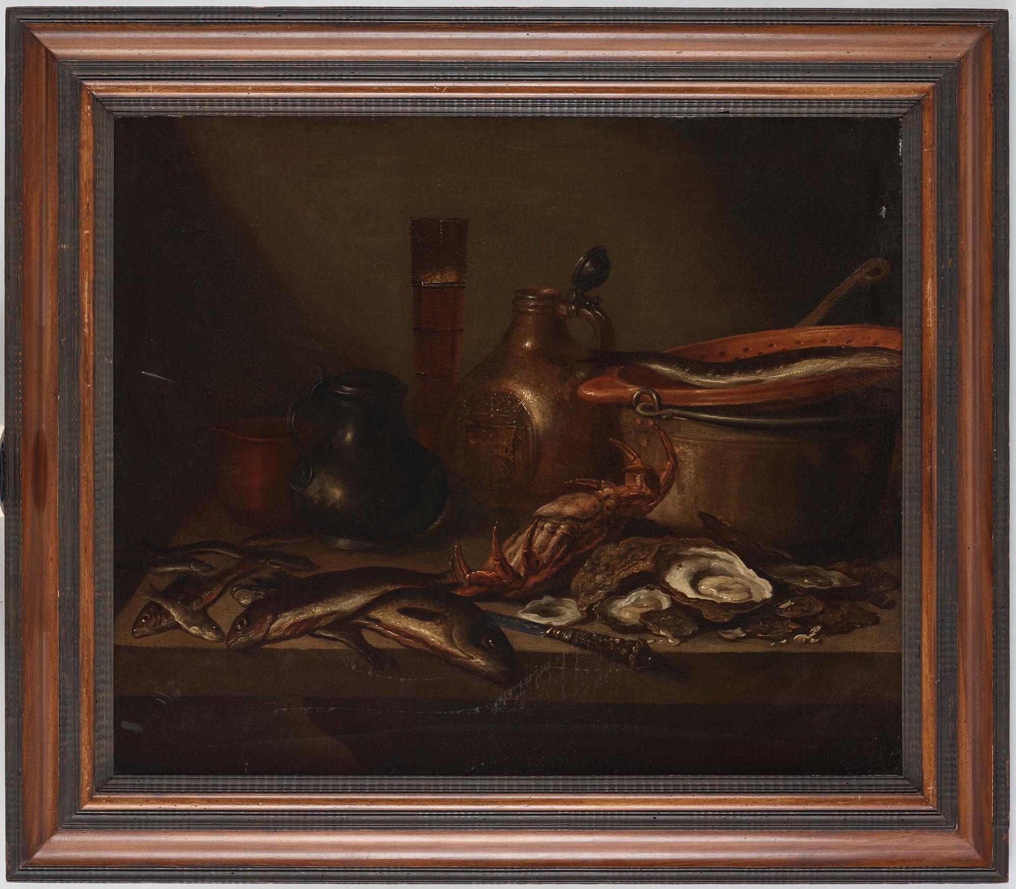 Pieter Claesz Circle of, Dutch school 17th/18th Century. Still life with fish, crab, oysters and jars.